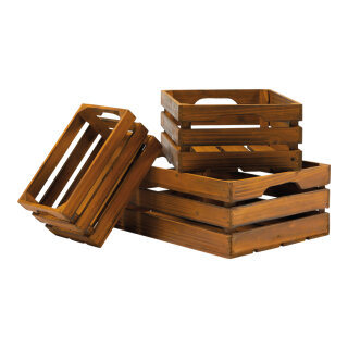 Wooden boxes in set 3-fold, out of fir wood, nested     Size: 40x30x15cm, 30x25x14cm, 25x15x12,5cm    Color: dark brown