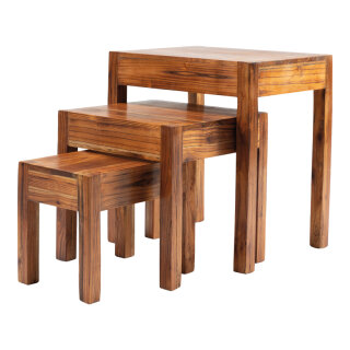 Wooden tables in set 3-fold, out of redwood     Size: 45x35cm - height 50cm, 37x35cm, - height 37cm and 34,5x23cm - height 28cm    Color: brown