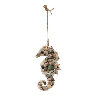 Sea horse out of MDF, with real shells     Size: 25x13x3,5cm, hanger ca. 23cm    Color: natural-coloured