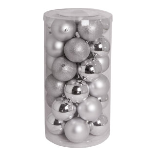 30 Weihnachtskugeln 12x glänzend, 12x matt, 6x beglittert     Groesse: Ø 10cm    Farbe: silber
