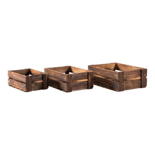Kisten 3 Stk., aus Tannenholz, ineinander passend     Groesse: 40x30x15cm, 35x25x13,5cm, 30x20x12cm    Farbe: braun