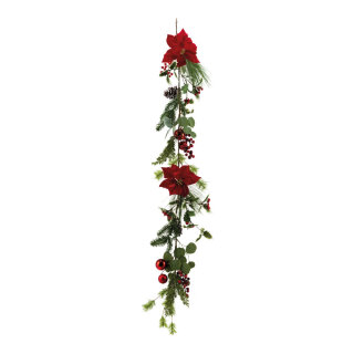 Girlande, beschmückt aus Kunststoff/Kunstseide, mit Weihnachtskugeln, Beeren, biegsam     Groesse: 162cm    Farbe: grün/rot