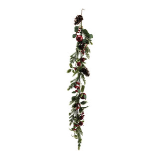 Ilexgirlande, beschmückt aus Kunststoff, Tannenzapfen, Beeren, Granatäpfel, zum Hängen     Groesse: 160cm    Farbe: grün/rot