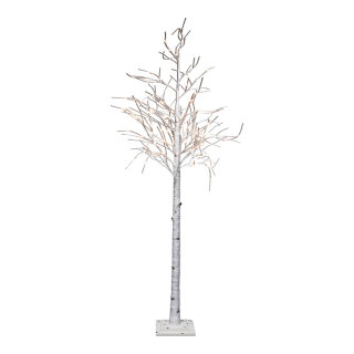 LED-Birkenbaum mit 96 LEDs, aus Kunststoff, 5m Zuleitung, mit IP44 Transformer, 24V     Groesse: 200cm, Holzfuß: 24x24x3cm    Farbe: weiß/warm weiß