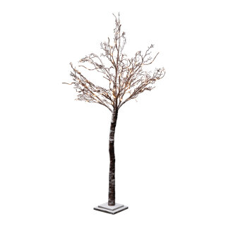 LED-Birkenbaum mit 120 LEDs, Stamm aus Eisen, beschneit, 5m Zuleitung, mit IP44 Transformer     Groesse: 160cm, Holzfuß: 20,5x20,5x3cm    Farbe: braun/weiß/warm weiß