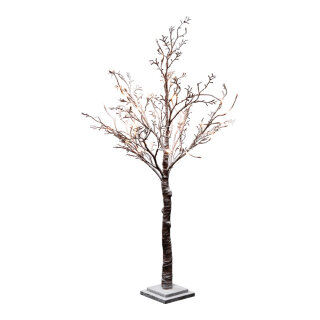 LED-Birkenbaum mit 50 LEDs, Stamm aus Eisen, beschneit, 5m Zuleitung, mit IP44 Transformer     Groesse: 120cm, Holzfuß: 17x17x3cm    Farbe: braun/weiß/warm weiß