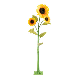 Sonnenblume 3-fach, aus Kunststoff/Kunstseide, 2-teilig, 6 Blätter, Plastikfuß: 17x17cm     Groesse: 120cm, Blüte: Ø26cm, Ø18cm, Ø16cm    Farbe: gelb/grün