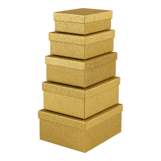 Geschenkboxen 5 Stk./Set,, beglittert, rechteckig, ineinander passend     Groesse: 22x19x10cm, 20,5x17x9cm & 19x15,5x8cm, 17,5x14x7cm, 16x12x6cm    Farbe: gold