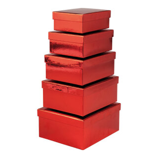 Geschenkboxen 5 Stk./Set,, glänzend, rechteckig, ineinander passend     Groesse: 22x19x10cm, 20,5x17x9cm & 19x15,5x8cm, 17,5x14x7cm, 16x12x6cm    Farbe: rot