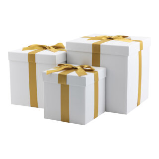 Geschenkboxen 3 Stk./Set,, mit Satinschleife, ineinander passend     Groesse: 30x30x30cm,25x25x25cm, 20x20x20cm    Farbe: weiß/gold