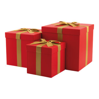 Geschenkboxen 3 Stk./Set,, mit Satinschleife, ineinander passend     Groesse: 30x30x30cm,25x25x25cm, 20x20x20cm    Farbe: hellrot/gold