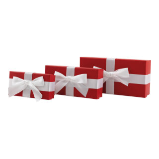 Geschenkboxen 3 Stk./Set, mit Satinschleife, rechteckig, ineinander passend     Groesse:30x15x8cm,25x12x6cm, 20x20x20cm    Farbe:rot/weiß