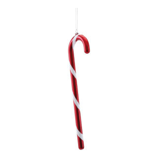 Zuckerstange aus Kunststoff, mit Glimmer, mit Hänger     Groesse: 32cm    Farbe: rot/weiß