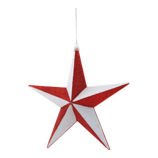 Stern aus Kunststoff, beglittert, mit Hänger     Groesse: 20cm    Farbe: rot/weiß