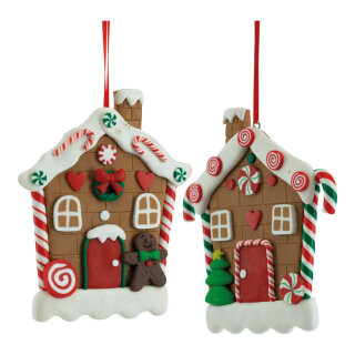 Lebkuchenhaus 2-fach, aus Kunststoff, sortiert, mit Hänger     Groesse: 11x10cm    Farbe: braun/bunt