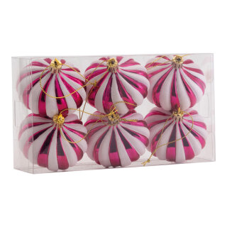 Ornamente 6 Stk./Blister, aus Kunststoff, zwiebelförmig     Groesse: Ø 7cm    Farbe: fuchsia/weiß