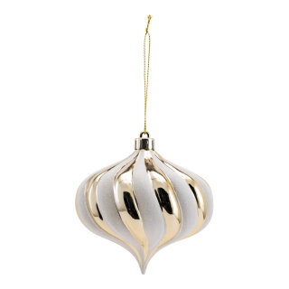 Ornament aus Kunststoff, zwiebelförmig, mit Hänger     Groesse: Ø 10cm    Farbe: champagner/weiß