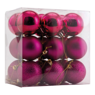 Weihnachtskugeln      Groesse: Ø 6cm, 18 Stk./Blister, aus Kunststoff, sortiert, mit Hänger    Farbe: fuchsia