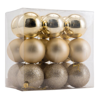 Weihnachtskugeln      Groesse: Ø 6cm, 18 Stk./Blister, aus Kunststoff, sortiert, mit Hänger    Farbe: champagnerfarben