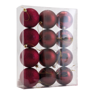 Weihnachtskugeln      Groesse: Ø 8cm, 12 Stk./Blister, aus Kunststoff, sortiert, mit Hänger    Farbe: bordeaux