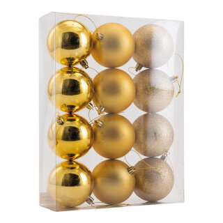 Weihnachtskugeln      Groesse: Ø 8cm, 12 Stk./Blister, aus Kunststoff, sortiert, mit Hänger    Farbe: gold