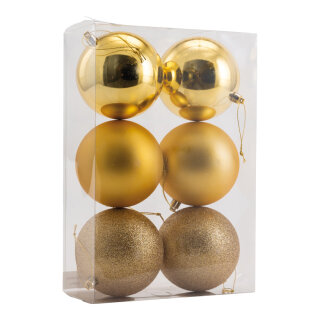 Weihnachtskugeln      Groesse: Ø 10cm, 6 Stk./Blister, aus Kunststoff, sortiert, mit Hänger    Farbe: gold