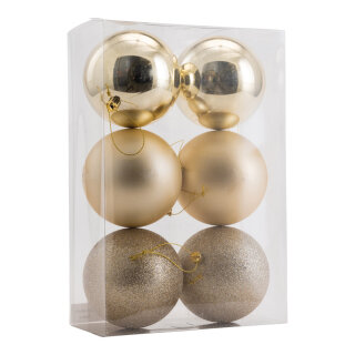 Weihnachtskugeln      Groesse: Ø 10cm, 6 Stk./Blister, aus Kunststoff, sortiert, mit Hänger    Farbe: champagnerfarben