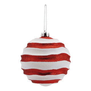 Weihnachtskugel aus Kunststoff, wellenförmig, mit Hänger     Groesse:Ø 15cm    Farbe:rot/weiß