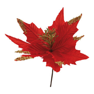 Poinsettiastecker aus Kunststoff/Kunstseide, mit Glitter & Pailletten, biegsam     Groesse: Ø 31cm, Stiel: 14,5cm    Farbe: rot/gold