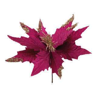 Poinsettiastecker aus Kunststoff/Kunstseide, mit Glitter & Pailletten, biegsam     Groesse: Ø 31cm, Stiel: 14,5cm    Farbe: fuchsia/gold