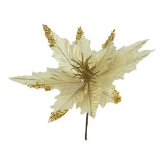 Poinsettiastecker aus Kunststoff/Kunstseide, mit Glitter & Pailletten, biegsam     Groesse: Ø 31cm, Stiel: 14,5cm    Farbe: gold/weiß