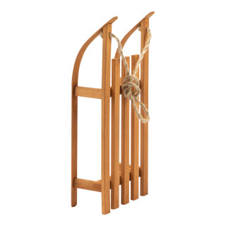 Schlitten aus Holz (Kiefer), zum Einklappen     Groesse: 50x20x11cm, ca.43cm Schnur    Farbe: braun