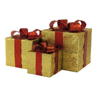 Geschenkpäckchen 3 Stk./Satz, aus Metall/Kunststoff, beglittert, ineinander passend     Groesse: 25x25x27cm, 20x20x22cm, + 15x15cm17cm    Farbe: gold/rot