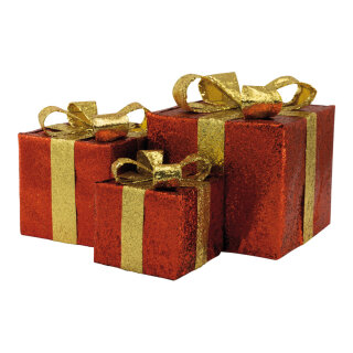 Geschenkpäckchen 3 Stk./Satz, aus Metall/Kunststoff, beglittert, ineinander passend     Groesse: 25x25x27cm, 20x20x22cm, + 15x15cm17cm    Farbe: rot/gold