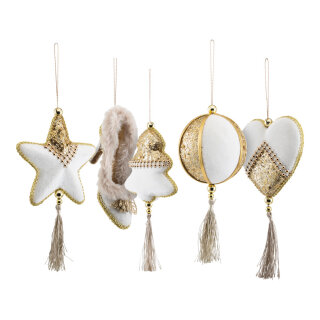 Baumschmuck 5 Stk., aus Styropor/Samt, sortiert, mit Hänger     Groesse: 8-12cm    Farbe: weiß/gold