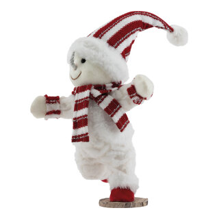 Schneemann aus Styropor/Stoff, stehend, auf Holzboden, mit Schal     Groesse: 35x28cm    Farbe: weiß/rot