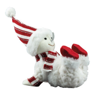 Schneemann aus Styropor/Stoff, liegend, mit Mütze     Groesse: 26x16cm    Farbe: weiß/rot