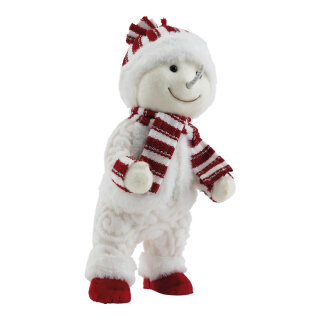 Schneemann aus Styropor/Stoff, stehend, mit Schal, Mütze     Groesse: 38x18cm    Farbe: weiß/rot