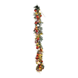 Tannengirlande, beschneit aus Kunststoff, mit 100 warm weißen LEDs, einseitig dekoriert mit Kugeln, Sternen und Beeren     Groesse: 180cm, Ø 30cm    Farbe: grün/weiß/rot