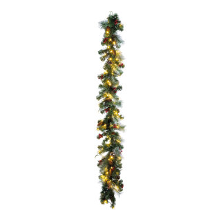 Tannengirlande, beschneit aus Kunststoff, mit 100 warm weißen LEDs, einseitig dekoriert mit Zapfen und Beeren     Groesse: 180cm, Ø 30cm    Farbe: grün/rot/braun
