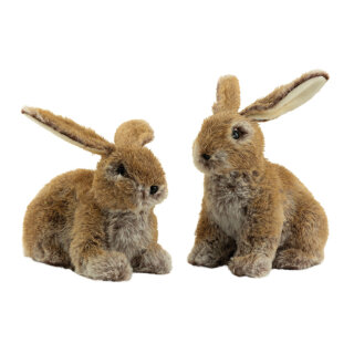 Rabbits 2-fold, out of styrofoam and fake fur, sitting and lying     Size: 23x20cm, rabbits: 23x18x12cm, 22x20x12cm    Color: brown