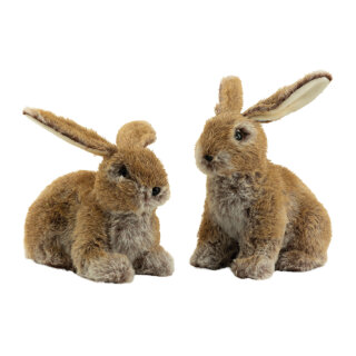 Rabbits 2-fold, out of styrofoam and fake fur, sitting and lying     Size: 23x20cm, rabbits: 23x18x12cm, 22x20x12cm    Color: brown