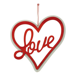 Heart with lettering »Love« out of wood, one-sided, with hanger     Size: 20cm    Color: red/white