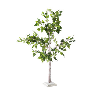 Birkenbaum Stamm aus Hartpappe, Blüten aus Kunstseide     Groesse: 120cm, MDF Holzfuß: 17x16,5x3,5cm    Farbe: grün/weiß
