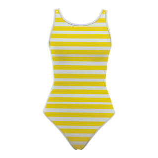 Badeanzug aus Kunststoff, doppelseitig bedruckt, flach     Groesse: 62x31cm    Farbe: gelb/weiß     #