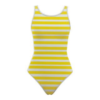 Swimsuit out of plastic, double-sided printed, flat     Size: 62x31cm    Color: yellow/white