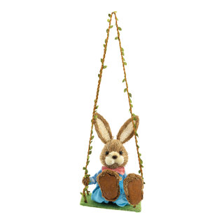 Rabbit on swing with dungarees, out of synthetic fibres/styrofoam/straw     Size: 60x18cm, rabbit: 37x17cm    Color: multicoloured