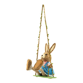 Rabbit on swing with dress, out of synthetic fibres/styrofoam/straw, to hang     Size: 60x18cm, rabbit: 36x18cm    Color: multicoloured