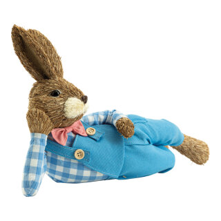 Rabbit with dungarees out of synthetic fibres/styrofoam/straw, lying     Size: 25x38cm    Color: multicoloured