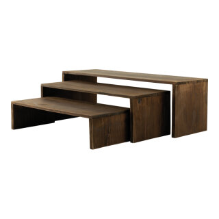 Holzpräsenter im 3-er Set      Groesse: 1: 56x18x18cm, 2: 47x17,5x14,5cm, 3: 42x17,5x10cm    Farbe: braun